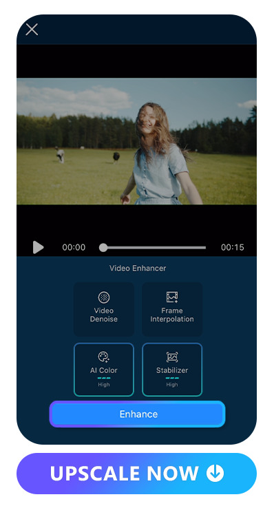 the UI of a video of a girl running at lawn enhanced with color adjustment and stabilizer